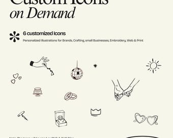 Könnte beinhalten: Cremefarbene Grafik mit dem Text "Custom Icons on Demand" und verschiedenen schwarzen Strichzeichnungen. Enthält Icons von Hand, Discokugel, Ringen, Kuchen, Krone und herzförmiger Sonnenbrille. Der Text "6 customized Icons" ist ebenfalls vorhanden.