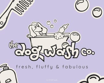Può includere: Logo di "The Dog Wash Co." con un cane dei cartoni animati in una vasca da bagno con bolle. Il testo "fresh, fluffy & fabulous" è sotto il nome dell'azienda. Un pettine e un flacone di sapone sono anche nell'immagine.