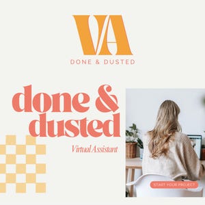 Può includere: Una homepage di un sito web per un servizio di assistenza virtuale chiamato "done & dusted". Il logo è una "VA" arancione stilizzata con il testo "done & dusted" sotto. Il testo "done & dusted" è in un grande carattere grassetto rosa. Il sito web presenta anche una foto di una donna seduta a una scrivania che lavora al computer. Il testo "Virtual Assistant" è sotto la foto. Un pulsante che dice "Start Your Project" è in fondo alla pagina.