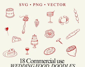 Peut inclure: Dessins au trait rouges de divers aliments, notamment des gâteaux, des pâtes, des raisins, des crabes et du pain. Le texte en haut indique "SVG • PNG • VECTOR". Le texte en bas indique "18 Commercial use WEDDING FOOD DOODLES" et "WOOF studio."