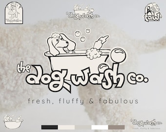 Può includere: Il logo di The Dog Wash Co. in bianco e nero presenta un cane in una vasca da bagno con bolle. Il testo "the dog wash co." è in un carattere giocoso. La frase "fresh, fluffy & fabulous" è sotto. Ulteriori varianti del logo.