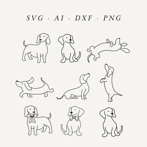 8 illustrazioni minime di cani bassotti su una riga / Collezione d'arte, clipart di salsiccia singola, forme di Canva, pacchetto di stampe di bassotti - Cricut Digital