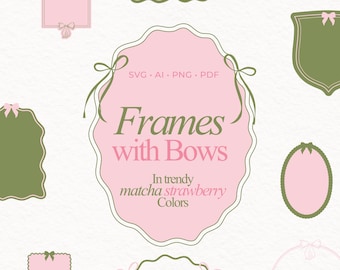 Oval Pink Frame Set Bow frames scallop border SVG scalloped svg Decorative Frames Marco Ondulado preppy Wavy Clipart drawn whimsical Ribbon