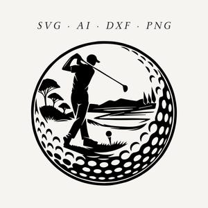 Può includere: Silhouette in bianco e nero di un golfista che oscilla una mazza da golf su un campo da golf, all'interno di un cerchio con una texture di palla da golf.
