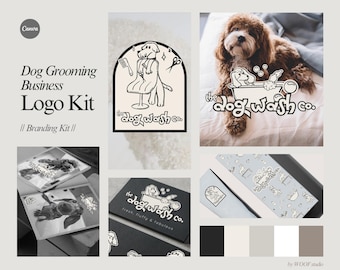 Op de afbeelding: Een logo-kit voor een hondentrimbedrijf met verschillende ontwerpelementen. De kit bevat een logo met een hond die wordt verzorgd, visitekaartjes en een kleurenpalet. De tekst "Dog Grooming Business Logo Kit" wordt weergegeven.