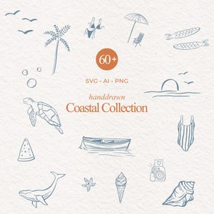 Kustillustratiebundel – 60+ handgetekende strand oceaanelementen | zomer nautische SVG, PNG, eps voor sublimatie doe-het-zelfprojecten doodle lineart