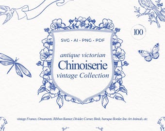 Op de afbeelding: Een digitaal grafisch ontwerp met blauwe lijnkunst elementen op een witte achtergrond. Het ontwerp bevat vogels, vlinders, bloemenframes en een banner. Tekst luidt "antique victorian Chinoiserie vintage Collection".