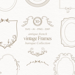 May include: A selection of antique French vintage frames in diverse shapes and styles. The image showcases ornate designs with floral and scrollwork details, in a neutral colour palette. Text includes "SVG . AI . PNG . DXF" and "baroque Collection."