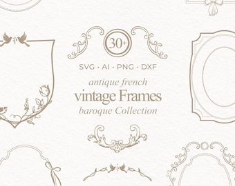 Marcos barrocos SVG, conjunto de marcos antiguos vintage, clipart, bordes dibujados a mano, clipart PNG, invitación de boda caprichosa, monograma dibujado a mano