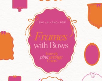 Preppy Summer Frame SVG Whimsical Doodle Bow pink wavy Border PNG Ribbon Wreath Cottagecore Aesthetics Clipart Summer Wedding orange color