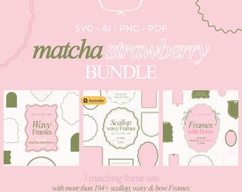Scallop Frame SVG Bundle | Preppy Wavy Oval Borders, Frames PNG Matcha green Pink Clipart for Invitations & Branding