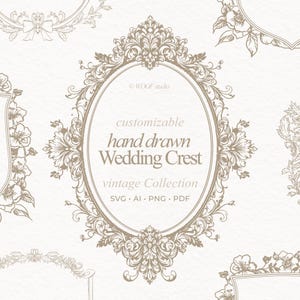 May include: A collection of hand-drawn wedding crest designs in a vintage style. The designs feature ornate floral and scrollwork elements in a neutral color palette. The text reads "customizable hand drawn Wedding Crest vintage Collection".