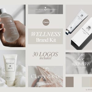 May include: A wellness brand kit in a neutral colour palette. The image includes product mockups of skincare items, logos, and text that reads "WELLNESS Brand Kit" and "30 LOGOS included."
