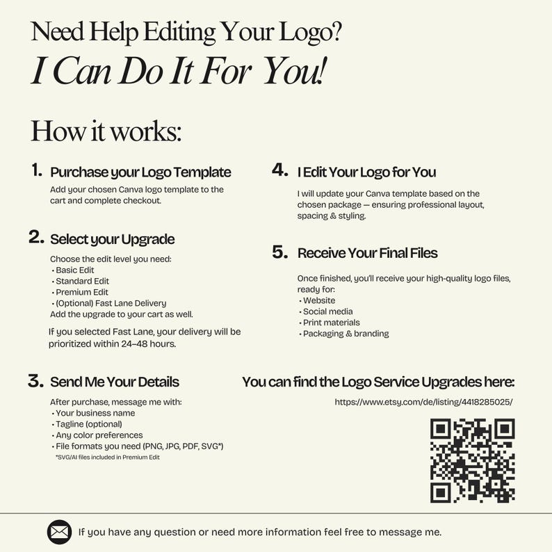 Too busy or unsure how to edit the template?
I can customize your logo FOR YOU and deliver all final files.
➜ Add the Custom Edit Service here: https://www.etsy.com/de/listing/4418285025/