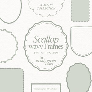 Può includere: Una collezione di cornici ondulate a conchiglia verdi in varie forme, tra cui ovali, rettangolari e a scudo. Il testo "Scallop wavy Frames" è visualizzato al centro, con "In trendy green Colors" sotto. L'immagine include anche il testo "SVG, AI, PNG, PDF".