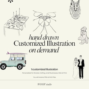 May include: Black and white line art illustrations of various objects, including a table setting, a bow with a ring, a sneaker, a dog on a chair, a car with a surfboard, and a couple. Text reads "hand drawn Customized Illustration on demand."