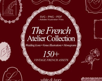 Wedding Icons SVG Bundle | Venue Illustration Clipart, Hotel Icons, Vintage Monogram Frames, French Wedding Crest & Luxury Branding Elements