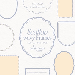 Può includere: Una collezione di cornici con bordi a conchiglia in varie forme e dimensioni, in una morbida tavolozza di colori azzurro chiaro e crema. Il testo "Scallop wavy Frames" è visualizzato al centro, con "In trendy bright Colors" sotto.