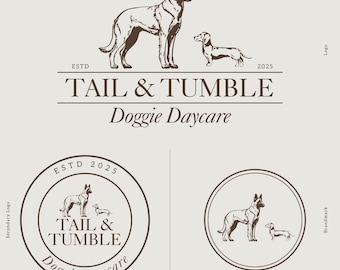 May include: A logo for "Tail & Tumble Doggie Daycare" featuring illustrations of a German Shepherd and a Dachshund. The logo includes the text "ESTD 2025" and is presented in multiple formats, including a circular design.