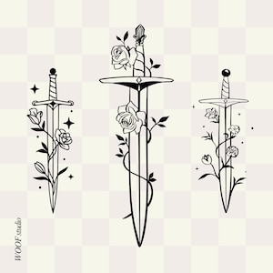 Könnte beinhalten: Drei schwarz-weiße Strichzeichnungen von Schwertern, die mit floralen Elementen verziert sind. Die Schwerter haben detaillierte Griffe und Klingen, mit Rosen und Weinranken, die sich um sie winden. Das Design hat ein Fantasy- oder Gothic-Thema.