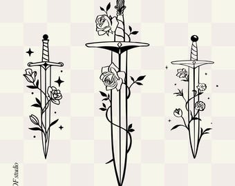 May include: Three black and white line art illustrations of swords adorned with floral elements. The swords feature detailed hilts and blades, with roses and vines entwined around them. The design has a fantasy or gothic theme.