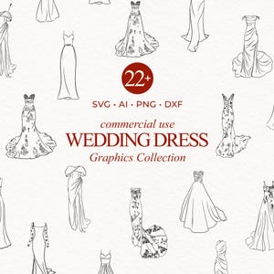 Hand Drawn Wedding Dress Illustration Bundle SVG PNG, Vintage Fashion Doodles, Line Art Icon, Sketch Drawing Clip Art for Party Invitation