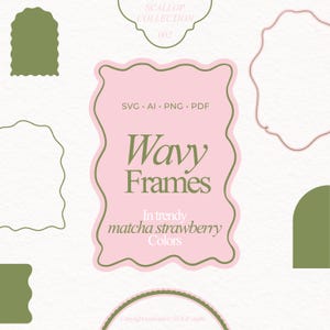 Op de afbeelding: Digitaal ontwerp met golvende frames in matcha- en aardbeikleuren. Het centrale frame toont "Wavy Frames" met "In trendy matcha strawberry Colors" eronder. Formaten: SVG, AI, PNG, PDF.