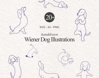 minimal one line Wiener Dog Illustrations  | Art Collection, single Sausage clipart, Canva shapes, Dachshund Print Bundle - Cricut, Digital