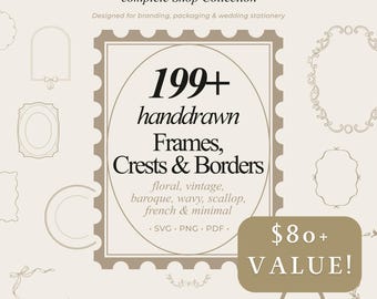 Baroque Frames SVG Vintage Antique Frame Bundle Set Shop Bundle SVG Drawn Borders Clipart PNG Whimsical Wedding Crest Invitation Monogram