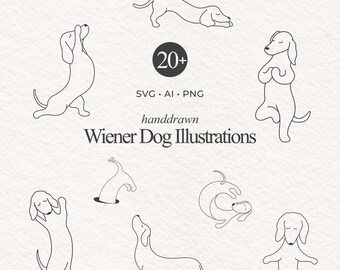 minimal one line Wiener Dog Illustrations  | Art Collection, single Sausage clipart, Canva shapes, Dachshund Print Bundle - Cricut, Digital