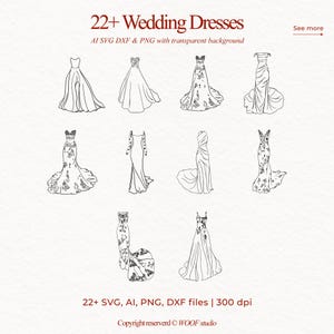 22 Hand Drawn Wedding Dress Illustration Bundle Set SVG PNG Icon Black White Clipart scribble Fashion Doodle invite Line Art Vintage Drawing