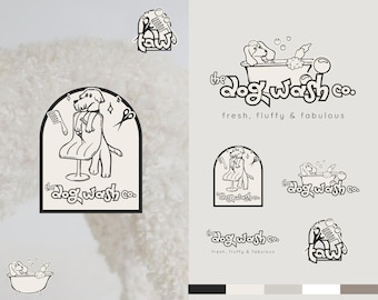 Op de afbeelding: Een zwart-wit logo-ontwerp voor "The Dog Wash Co." met een hond in bad, een hond die wordt verzorgd en een poot met een kam. De tekst luidt "fresh, fluffy & fabulous".