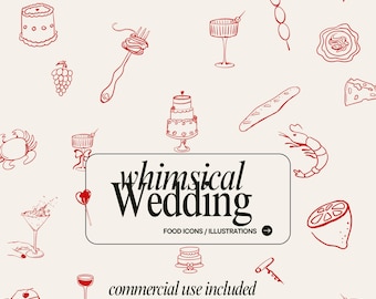 Nourriture de mariage Doodle dessinés à la main mariage Illustration Bundle ensemble SVG PNG icône noir Clipart griffonnages mariages invite 18 icônes de l'Art au trait