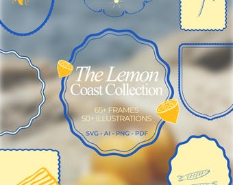 Mediterranean Clipart Bundle, Scallop Frame SVG, Hand Drawn Summer Illustrations PNG, Lemon Coastal Canva Elements, Wedding Branding Graphic