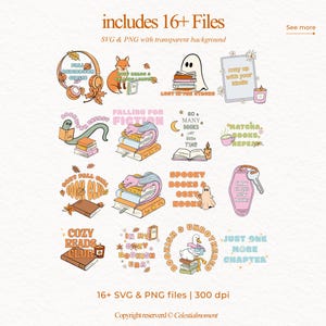 Bookish Fall PNG bundle preview showing more than 16 cozy autumn hand drawn illustrations. Includes retro doodles like books, ghosts, candles, fox, dragon, coffee, bookworm, Kindle, and cozy girl book club themes. Perfect for sublimation, fall stickers, t-shirts, mugs, planners, and Thanksgiving DIY projects. High quality 300 dpi transparent PNG clipart for book lovers and cozy fall aesthetic designs.