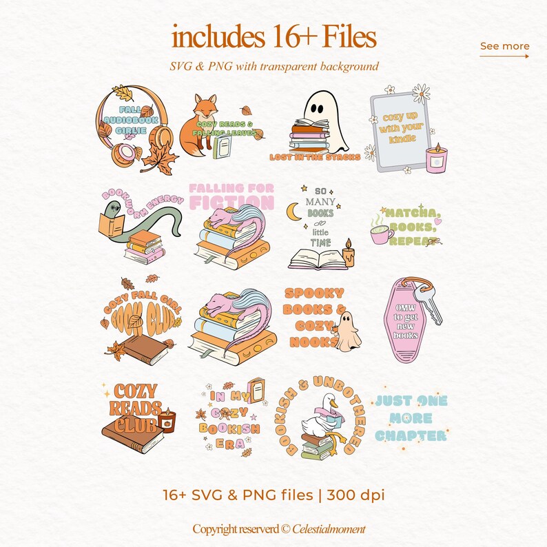 Bookish Fall PNG bundle preview showing more than 16 cozy autumn hand drawn illustrations. Includes retro doodles like books, ghosts, candles, fox, dragon, coffee, bookworm, Kindle, and cozy girl book club themes. Perfect for sublimation, fall stickers, t-shirts, mugs, planners, and Thanksgiving DIY projects. High quality 300 dpi transparent PNG clipart for book lovers and cozy fall aesthetic designs.