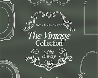 Vintage Frame SVG Bundle ivory French Ornate Borders PNG white Wedding Crest Elements, Luxury Branding Frames, Baroque Logo Design Assets