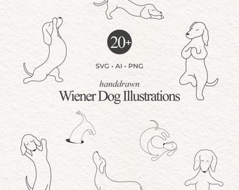 20 minimal one line Wiener Dog Illustrations  | Art Collection, single Sausage clipart, Canva shapes, Dachshund Print Bundle -Cricut Digital