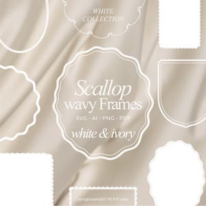 Può includere: Raccolta di cornici bianche a forma di conchiglia ondulata in varie forme, tra cui cerchi e rettangoli. Il testo "Scallop wavy Frames" e "white & ivory" sono visualizzati. Sfondo neutro.