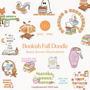 Bookish Fall Doodle clipart bundle cover featuring 16+ hand drawn cozy autumn illustrations. Designs include books, reading quotes, ghost, tea, fox, candle, keychain, and bookish fall girl themes. Retro fall clipart set ideal for sublimation, stickers, shirts, mugs, tote bags, and book club designs. High resolution PNGs with transparent background, perfect for cozy autumn DIY crafts, planners, and Thanksgiving book lover projects. Reading Retreat
