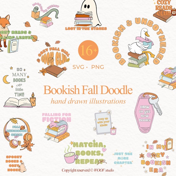 Bookish Fall PNG Bundle Fall Bookish Cozy Stickers Sublimation Bookish Fall Clipart Autumn Retro Thanksgiving Book Lover PNG Read handdrawn