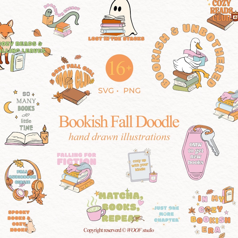 Bookish Fall Doodle clipart bundle cover featuring 16+ hand drawn cozy autumn illustrations. Designs include books, reading quotes, ghost, tea, fox, candle, keychain, and bookish fall girl themes. Retro fall clipart set ideal for sublimation, stickers, shirts, mugs, tote bags, and book club designs. High resolution PNGs with transparent background, perfect for cozy autumn DIY crafts, planners, and Thanksgiving book lover projects. Reading Retreat