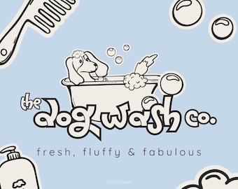 Op de afbeelding: Een cartoon illustratie op een lichtblauwe achtergrond, met een hond in een badkuip met bellen en verzorgingsgereedschap. De tekst luidt "the Dog Wash Co." met de slogan "fresh, fluffy & fabulous."