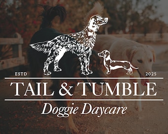 May include: A logo for a dog daycare called "Tail & Tumble Doggie Daycare" with the text "ESTD 2025" on either side of the logo. The logo features a black and white illustration of three dogs playing together.
