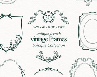 Op de afbeelding: Een verzameling antieke Franse vintage frames in barokstijl. De afbeelding toont verschillende frame-ontwerpen, waaronder ovale, rechthoekige en cirkelvormige vormen, met decoratieve elementen. De tekst bevat "SVG, AI, PNG, DXX" en "antique french vintage Frames baroque Collection."