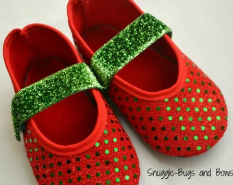 Baby Christmas Shoes, Toddler Christmas Shoes, Sparkly Baby Shoes, Red and Green Baby Shoes, Holiday Toddler Shoes, Christmas Mary Janes