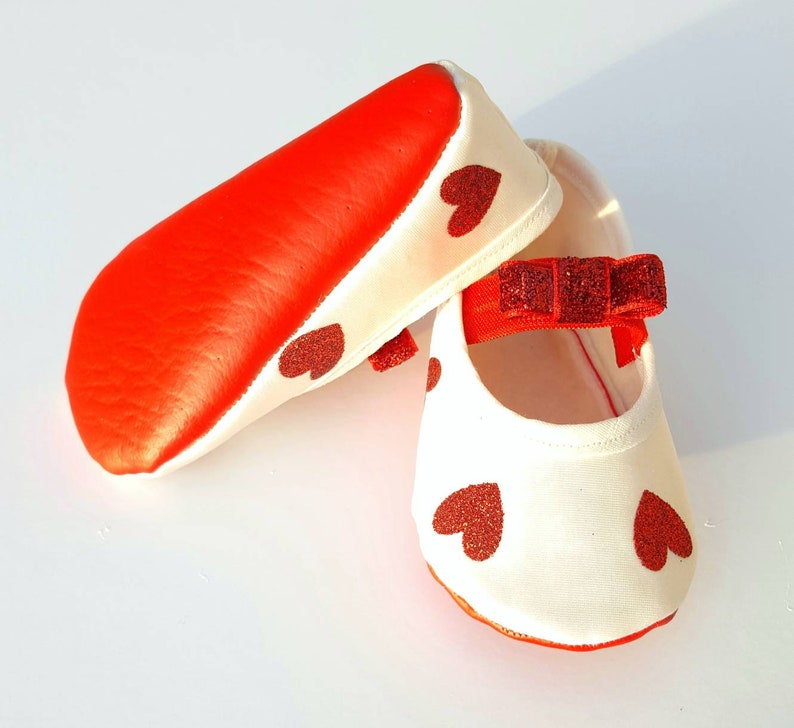 Valentines baby shoes, heart baby shoes, red baby shoes, Valentines toddler shoes, infant baby shoes, crib shoes, ivory baby shoes, hearts image 1