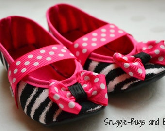 Zebra Baby Shoes, Pink Polka Dot Baby Shoes, Girl Crib Shoes, Toddler Girl Shoes, Baby Slippers, Zebra Mary Janes, Zebra Birthday Shoes