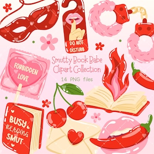 Würziges Bücherwurm-Clipart-Set, Smut Reader PNG-Bundle, Dampfende Romanze Romanillustrationen, Buchliebhaber-Aufkleber