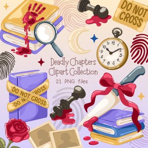 Op de afbeelding: Een verzameling clipart-elementen met een crimethema. Bevat boeken, een vergrootglas, een zakhorloge, een mes, schaakstukken, een roos en afzetlint. De tekst "Deadly Chapters Clipart Collection" is ook aanwezig.